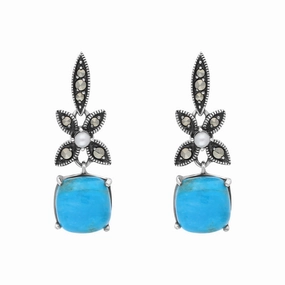 Sterling Silver Turquoise Marcasite Pearl Flower Top Drop Earrings