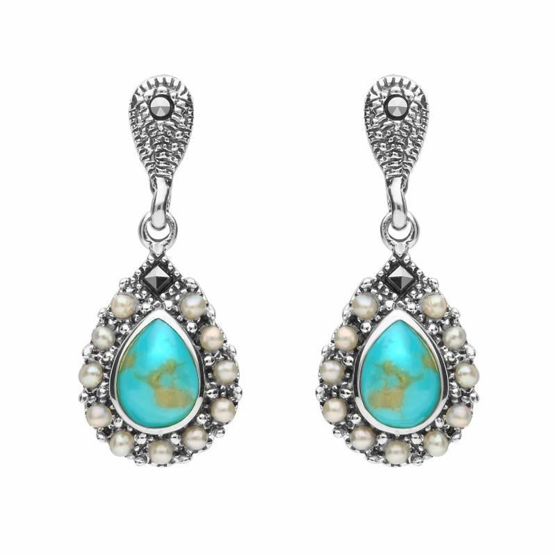 Sterling Silver Turquoise Marcasite Pearl Round Edge Bead Drop Earrings
