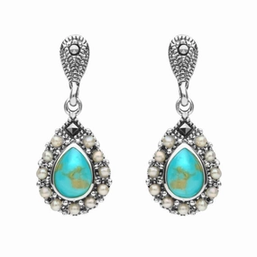 Sterling Silver Turquoise Marcasite Pearl Round Edge Bead Drop Earrings