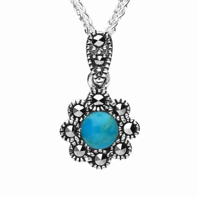 Sterling Silver Turquoise Marcasite Rounded Bead Edge Necklace