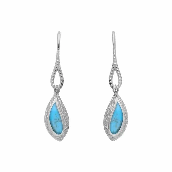 Sterling Silver Turquoise Marquise Beaded Edge Drop Earrings
