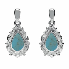 Sterling Silver Turquoise Pear Shaped Leaf Drop Earrings