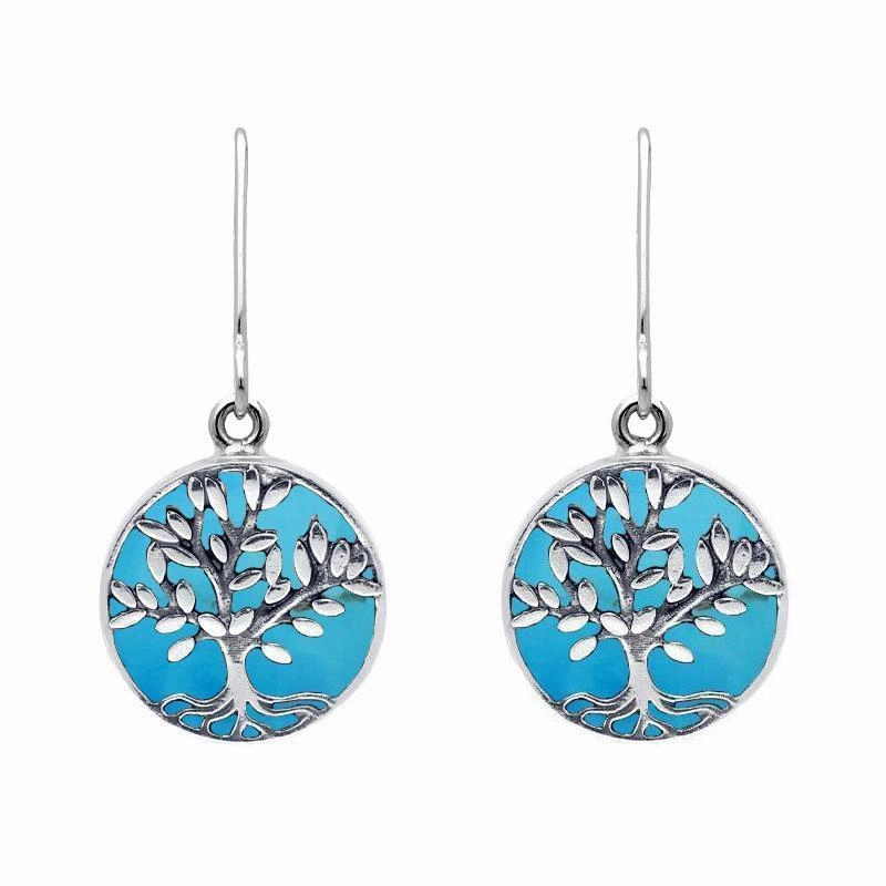 Sterling Silver Turquoise Round Large Tree of Life Leaves Drop Earrings