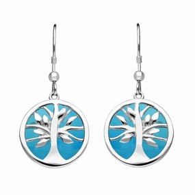 Sterling Silver Turquoise Round Tree of Life Drop Earrings