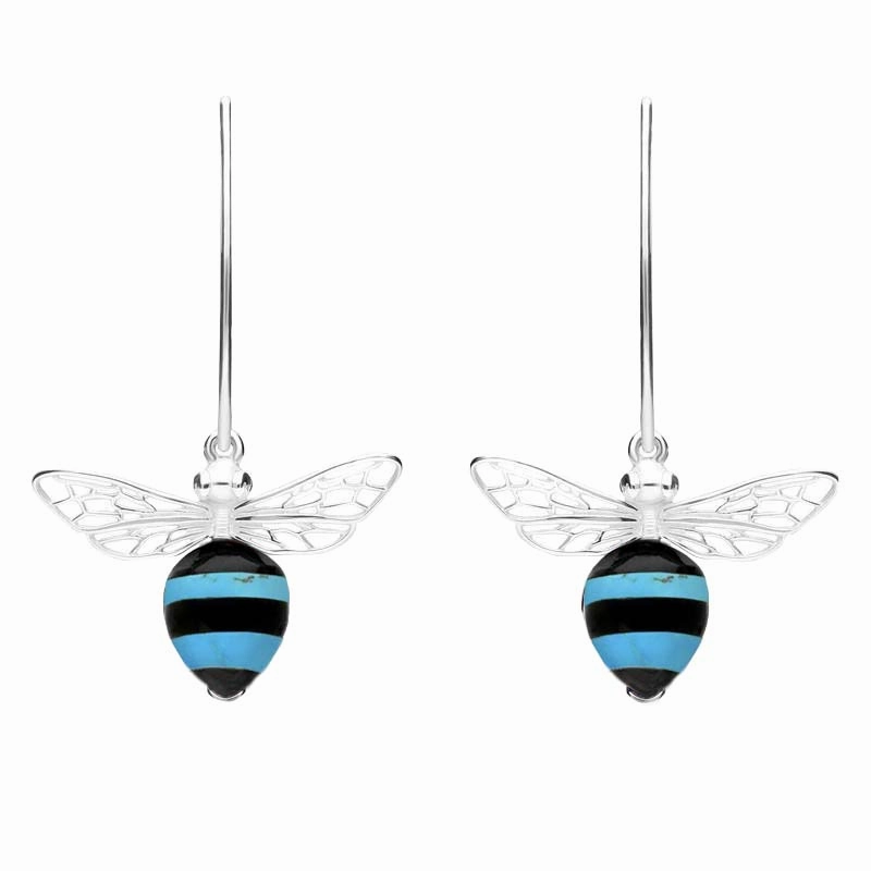 Sterling Silver Turquoise Whitby Jet Bee Small Hook Earrings