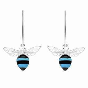 Sterling Silver Turquoise Whitby Jet Bee Small Hook Earrings