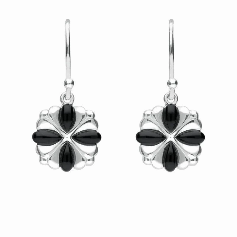 Sterling Silver Whitby Jet 4 stone Cross Drop Earrings