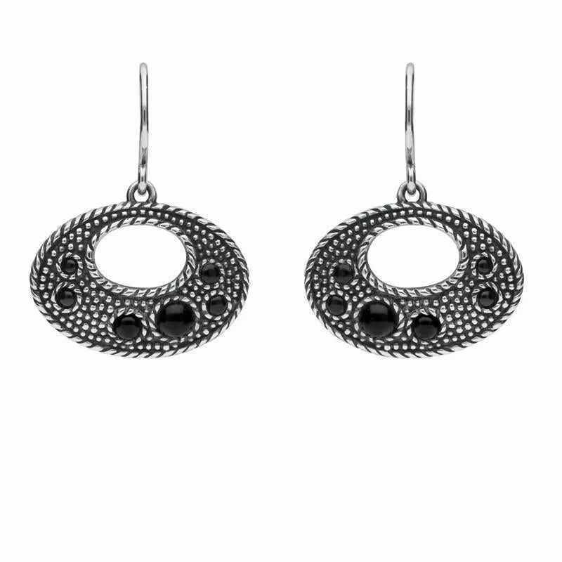 Sterling Silver Whitby Jet 6 Stone Open Oval Oxi Drop Earrings
