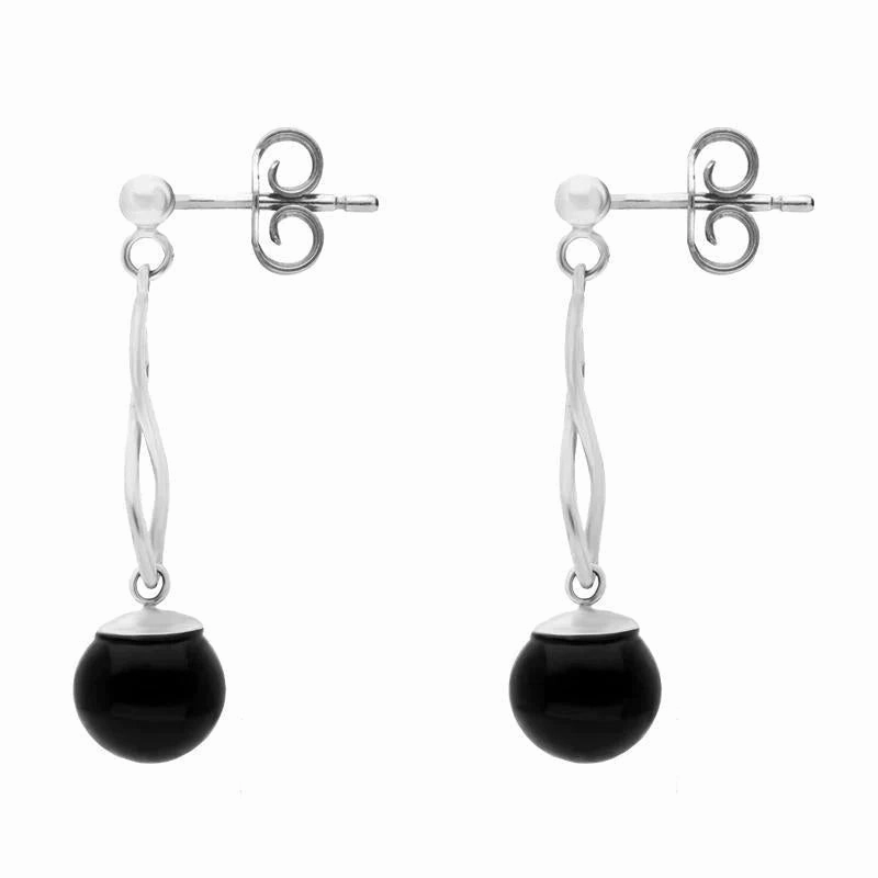 Sterling Silver Whitby Jet 8mm Bead Twist Drop Earrings