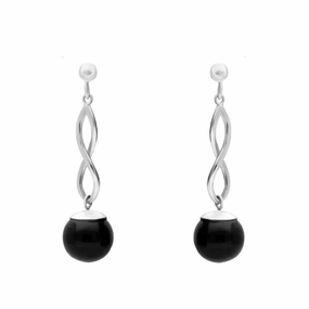 Sterling Silver Whitby Jet 8mm Bead Twist Drop Earrings