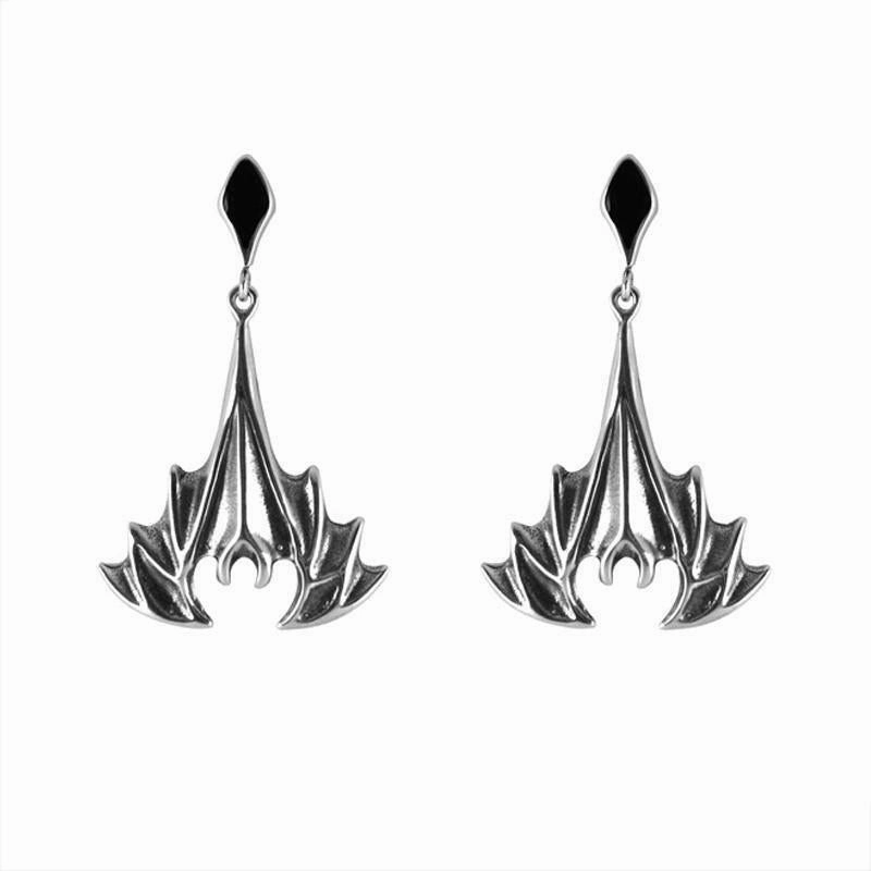 Sterling Silver Whitby Jet Abstract Bat Drop Earrings
