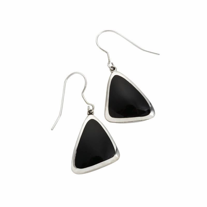 Sterling Silver Whitby Jet Abstract Triangle Hook Drop Earrings