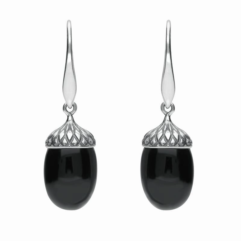 Sterling Silver Whitby Jet Acorn Drop Earrings