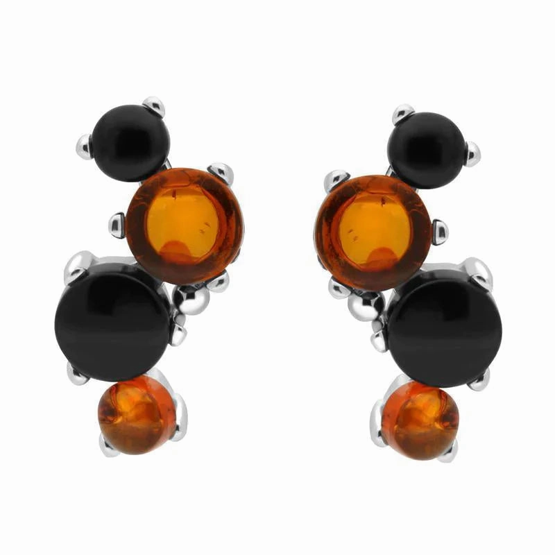 Sterling Silver Whitby Jet Amber Four Stone Stud Earrings