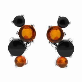 Sterling Silver Whitby Jet Amber Four Stone Stud Earrings