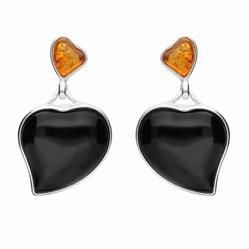 Sterling Silver Whitby Jet Amber Two Stone Heart Drop Stud Earrings