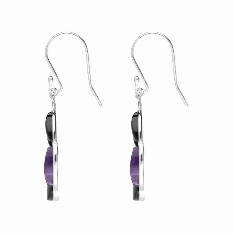 Sterling Silver Whitby Jet Amethyst Five Stone Circle Drop Earrings