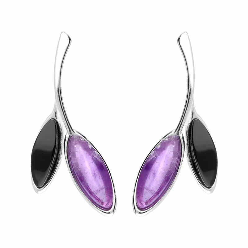 Sterling Silver Whitby Jet Amethyst Two Leaf Drop Stud Earrings