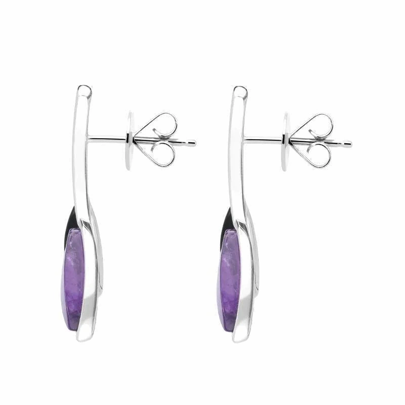 Sterling Silver Whitby Jet Amethyst Two Leaf Drop Stud Earrings