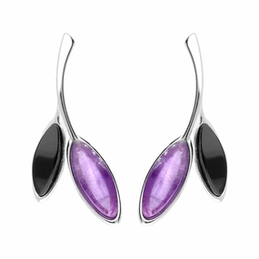 Sterling Silver Whitby Jet Amethyst Two Leaf Drop Stud Earrings