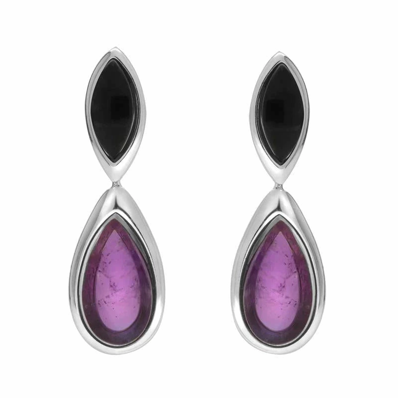 Sterling Silver Whitby Jet Amethyst Two Stone Marquise Pear Drop Earrings