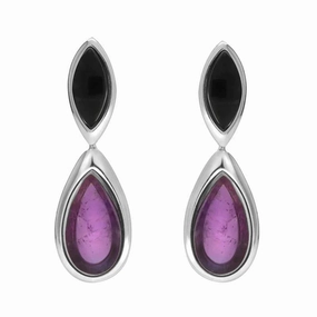 Sterling Silver Whitby Jet Amethyst Two Stone Marquise Pear Drop Earrings
