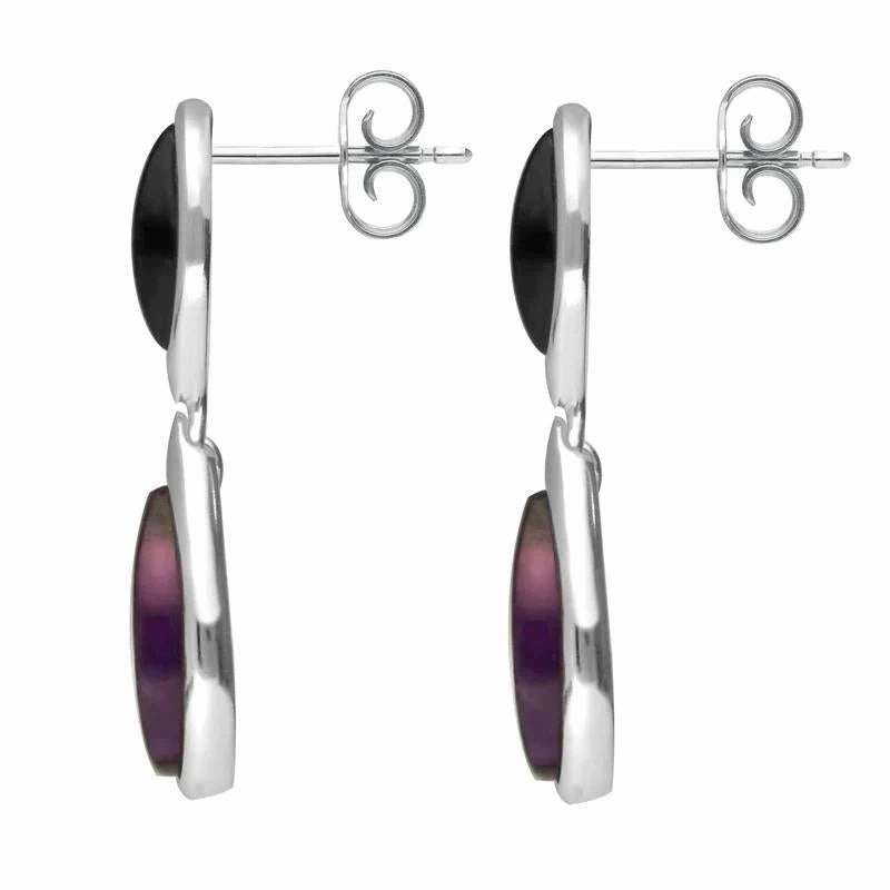 Sterling Silver Whitby Jet Amethyst Two Stone Marquise Pear Drop Earrings