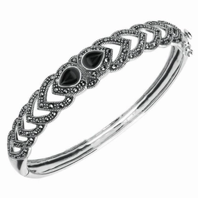 Sterling Silver Whitby Jet & Marcasite Two Stone Pear Bangle