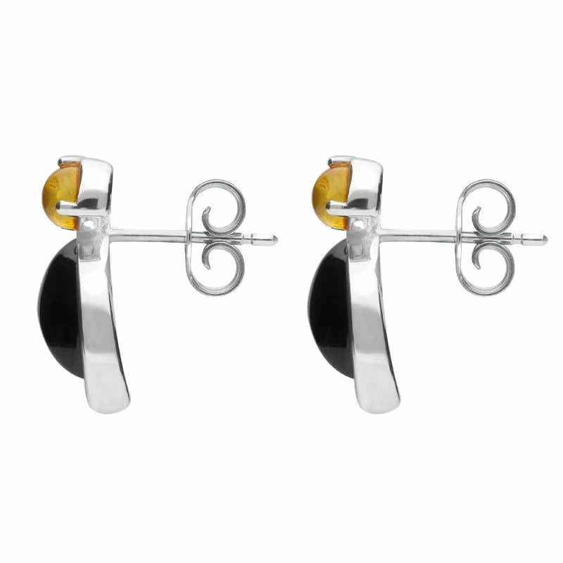 Sterling Silver Whitby Jet and Amber Two Stone Pear Drop Stud Earrings