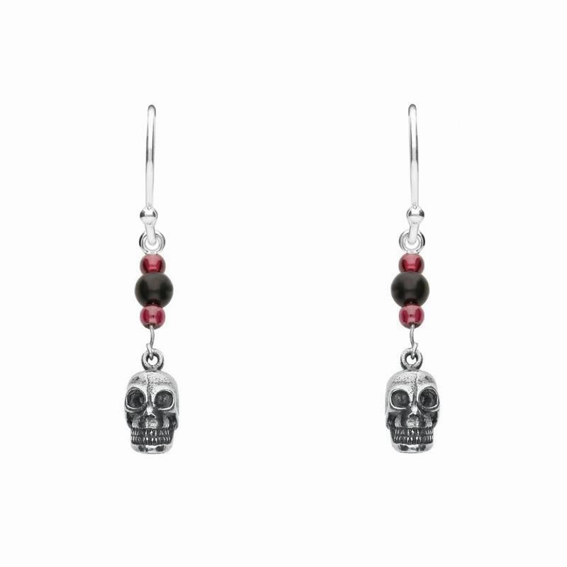 Sterling Silver Whitby Jet and Garnet Mini Skull 3 Stone Drop Earrings