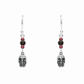 Sterling Silver Whitby Jet and Garnet Mini Skull 3 Stone Drop Earrings