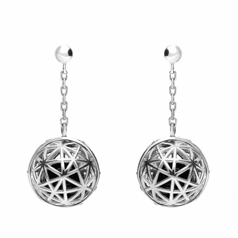 Sterling Silver Whitby Jet and Marcasite Sphere Cage Drop Earrings