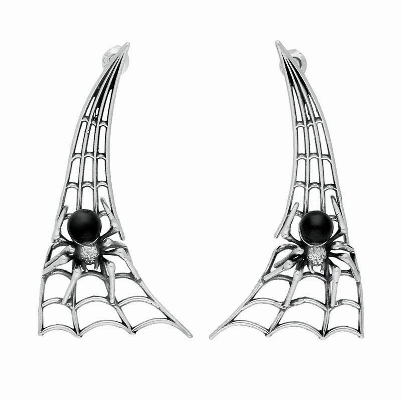 Sterling Silver Whitby Jet Articulated Spider Web Drop Earrings