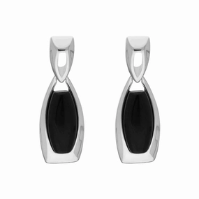 Sterling Silver Whitby Jet Barrel Drop Earrings