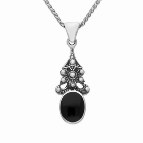 Sterling Silver Whitby Jet Beaded Oval Necklace