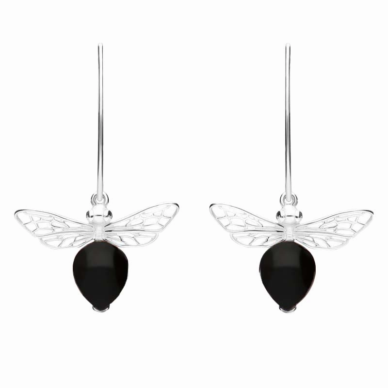 Sterling Silver Whitby Jet Bee Small Hook Earrings