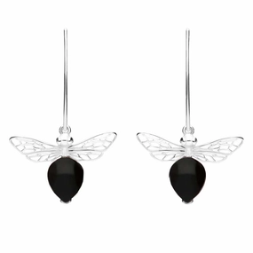 Sterling Silver Whitby Jet Bee Small Hook Earrings