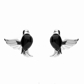 Sterling Silver Whitby Jet Bird Stud Earrings