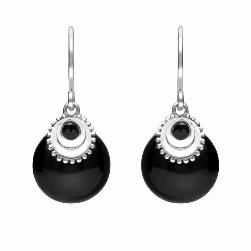 Sterling Silver Whitby Jet Button Cap Drop Earrings