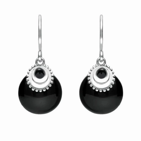 Sterling Silver Whitby Jet Button Cap Drop Earrings