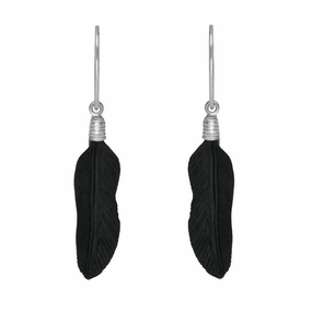 Sterling Silver Whitby Jet Carved Feather Drop Earrings