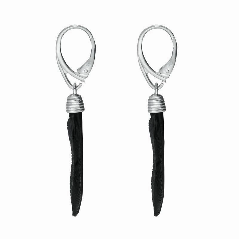 Sterling Silver Whitby Jet Carved Feather Drop Earrings