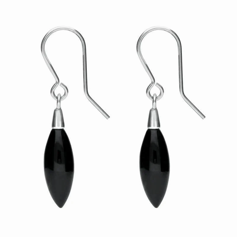Sterling Silver Whitby Jet Carved Marquise Drop Earrings