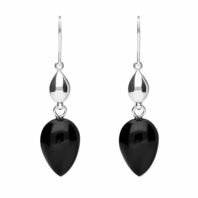 Sterling Silver Whitby Jet Carved Pear Bead Drop Hook Earrings