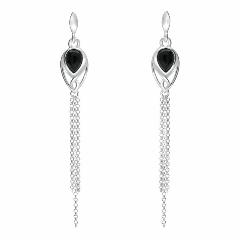 Sterling Silver Whitby Jet Celtic Pear Chain Drop Earrings