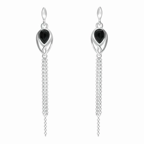 Sterling Silver Whitby Jet Celtic Pear Chain Drop Earrings