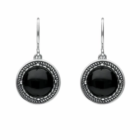 Sterling Silver Whitby Jet Circle Stone Oxidised Drop Earrings