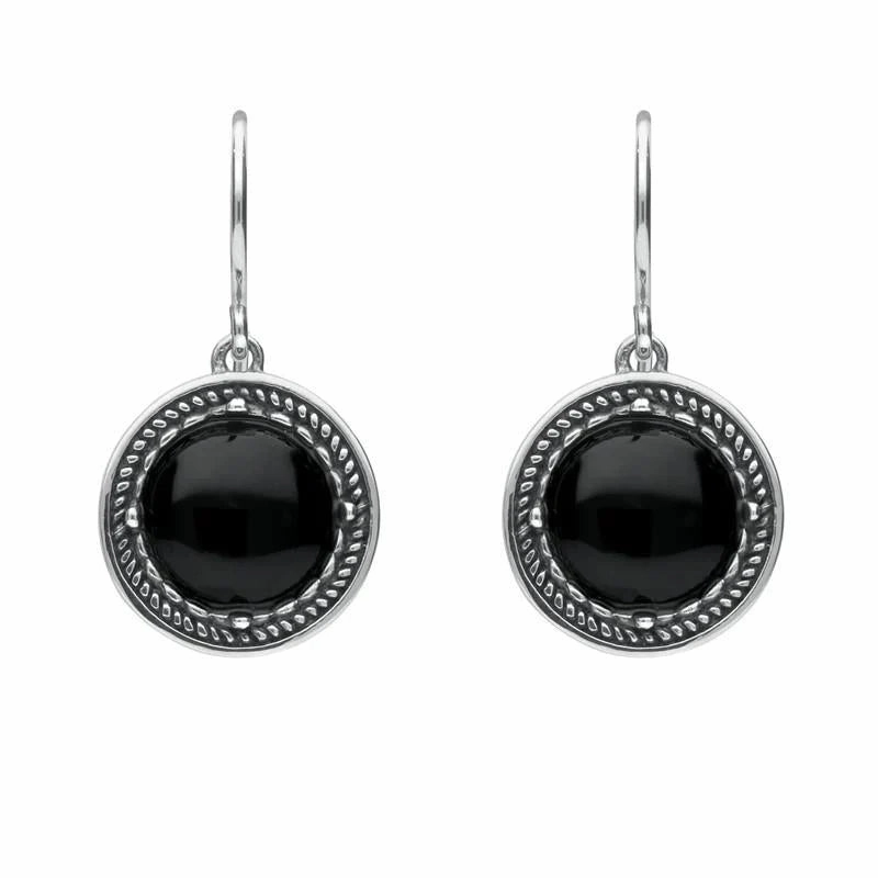 Sterling Silver Whitby Jet Circle Stone Oxidised Drop Earrings