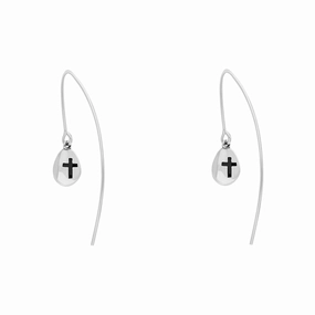 Sterling Silver Whitby Jet Cross Disc Drop Earrings