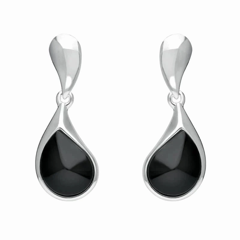 Sterling Silver Whitby Jet Curved Pear Drop Earrings